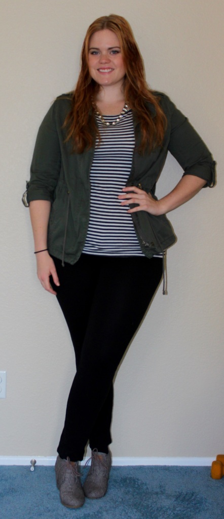 army jacket striped tee tshirt lookbook ankle boots statement jcrew necklace