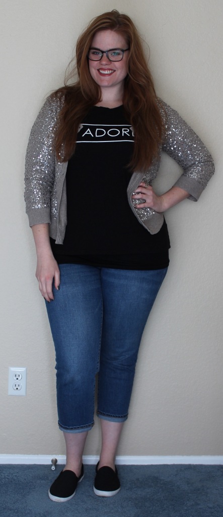sequin sweater lookbook ootd fashion style casual look daytime tshirt old navy